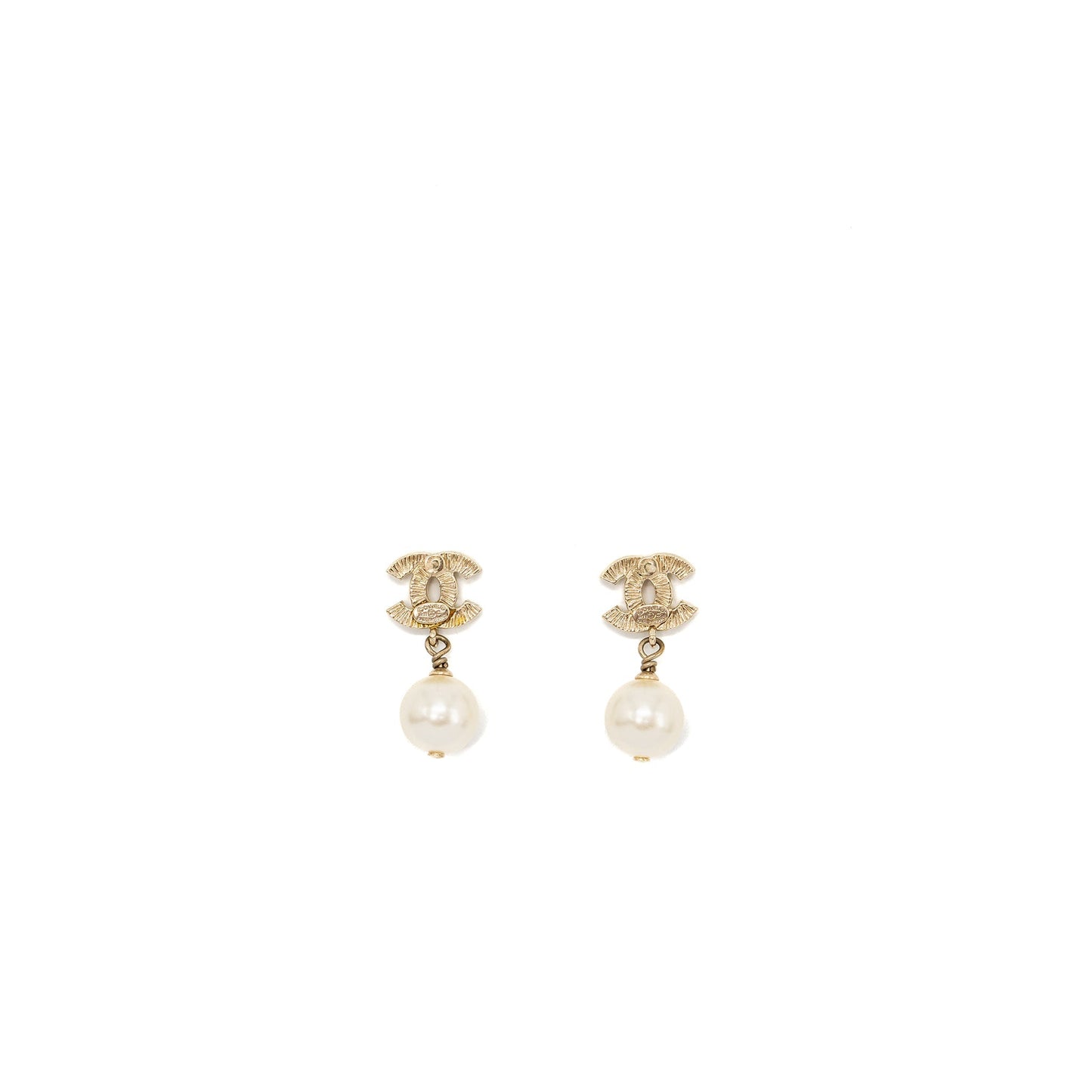 Chanel small model cc logo with pearl drop earrings light gold tone