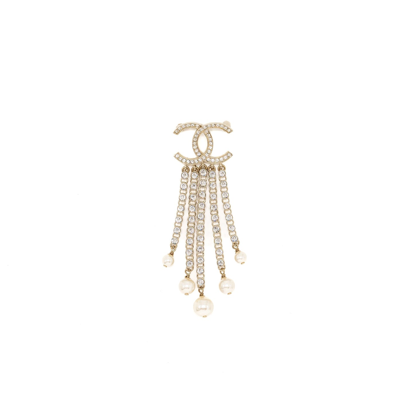 Chanel cc logo with drop chains brooch crystal gold tone
