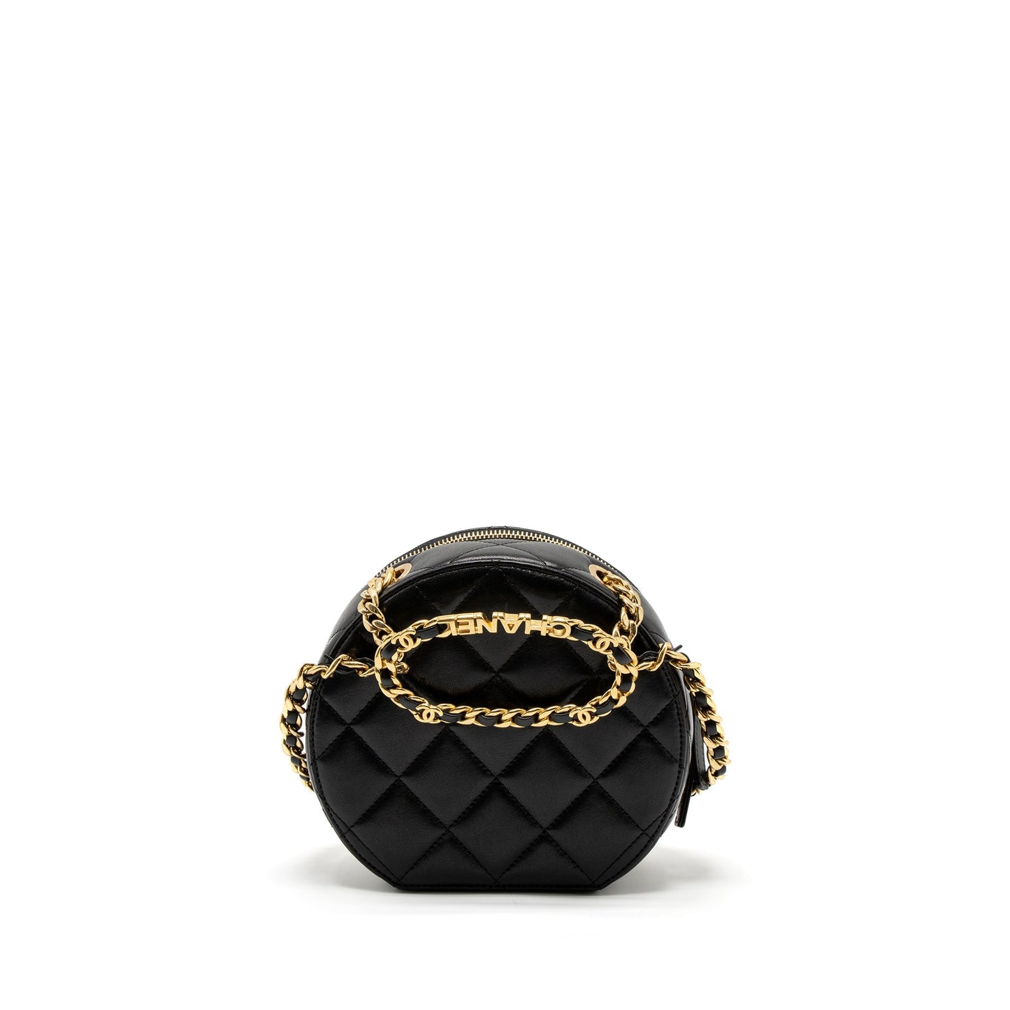 Chanel Round Vanity with Round Handle Crossbody Bag Lambskin Black GHW (Microchip)