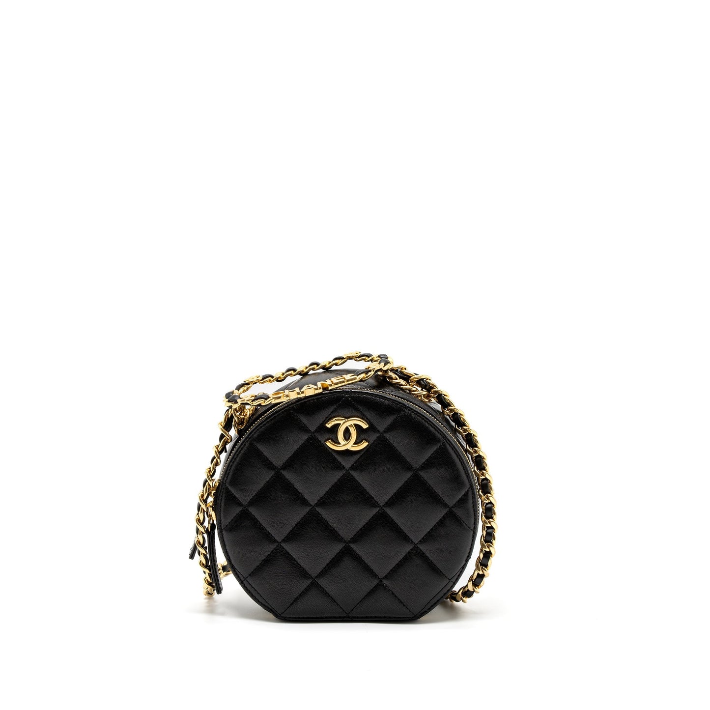 Chanel Round Vanity with Round Handle Crossbody Bag Lambskin Black GHW (Microchip)
