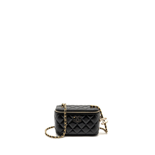 Chanel 24a Long Vanity Case With CC Logo Adjustable Chain Lambskin Black GHW(microchip)