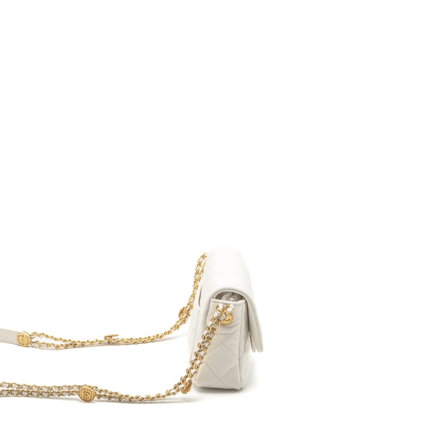 Chanel 22A Small Flap Bag Button on Chain Caviar White Brushed GHW (Microchip)