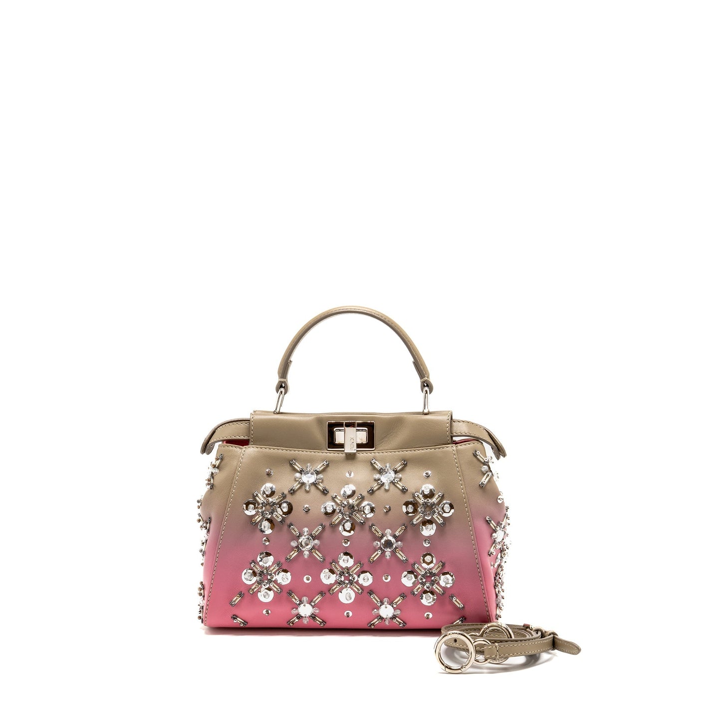 Fendi Mini Peekaboo Purse Crystal Embellished Ombre Leather Taupe/Pink