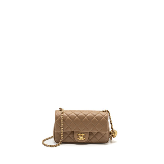 Chanel 22B pearl crush mini rectangular flap bag lambskin dark Beige GHW (Microchip)