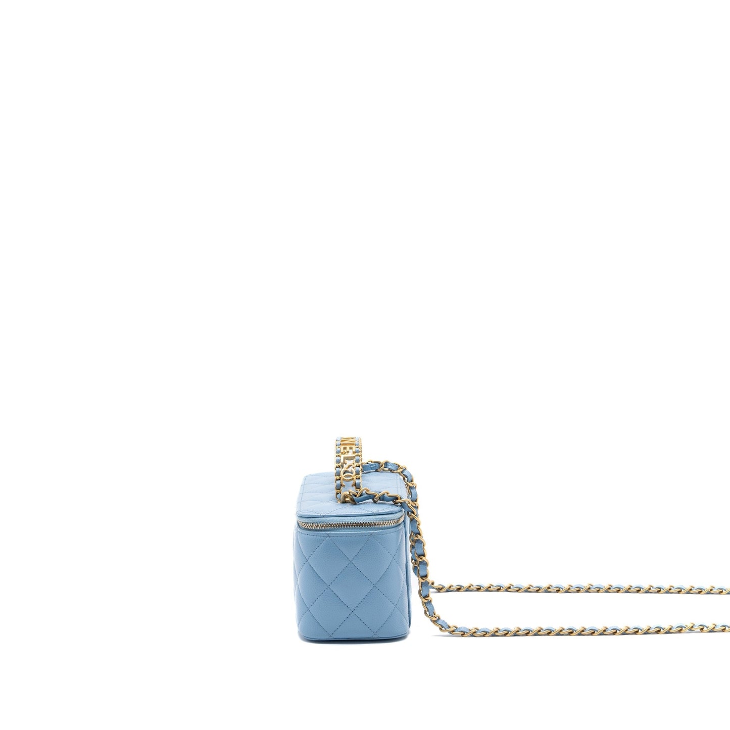 Chanel detailed top handle long vanity with chain caviar light blue GHW