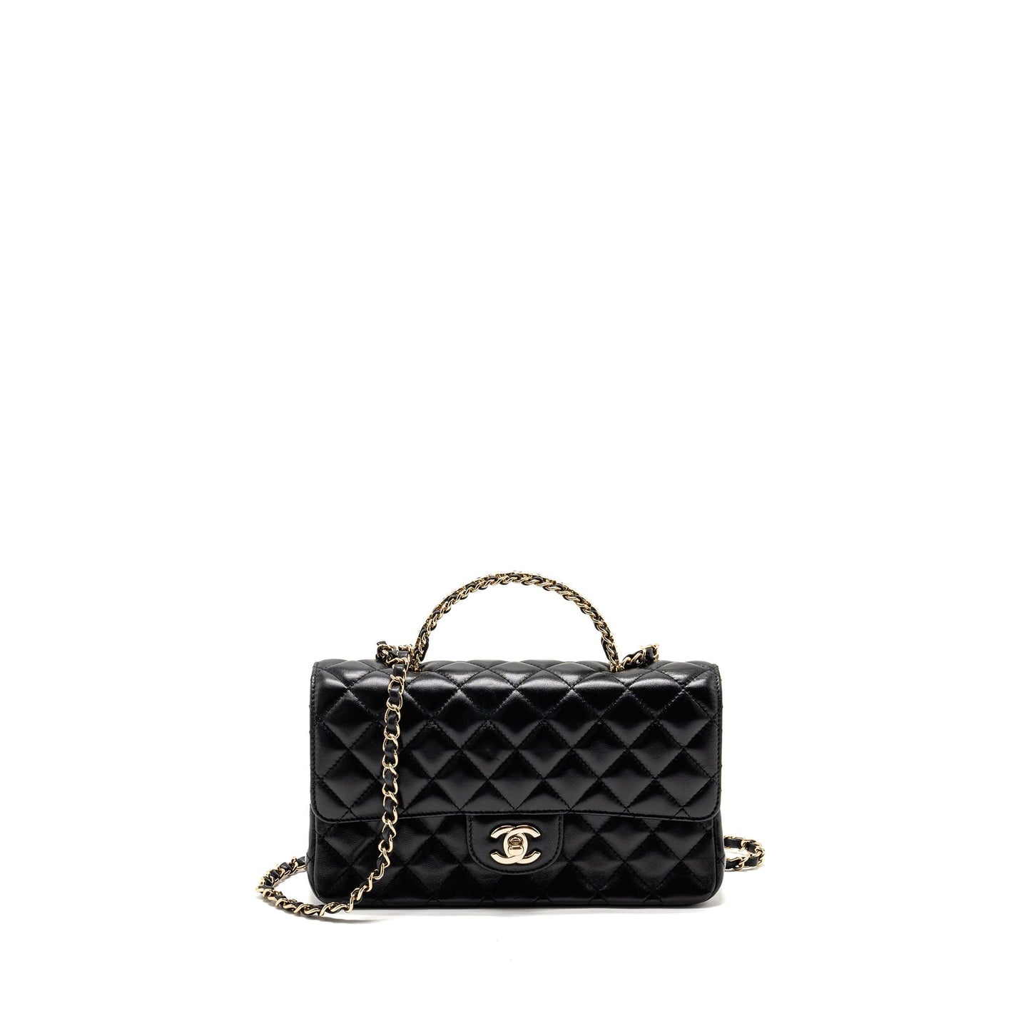 Chanel 23a Crystal Top Handle Flap Bag Shiny Lambskin Black LGHW(microchip)