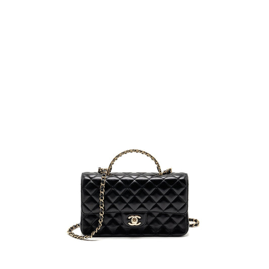 Chanel 23a Crystal Top Handle Flap Bag Shiny Lambskin Black LGHW(microchip)