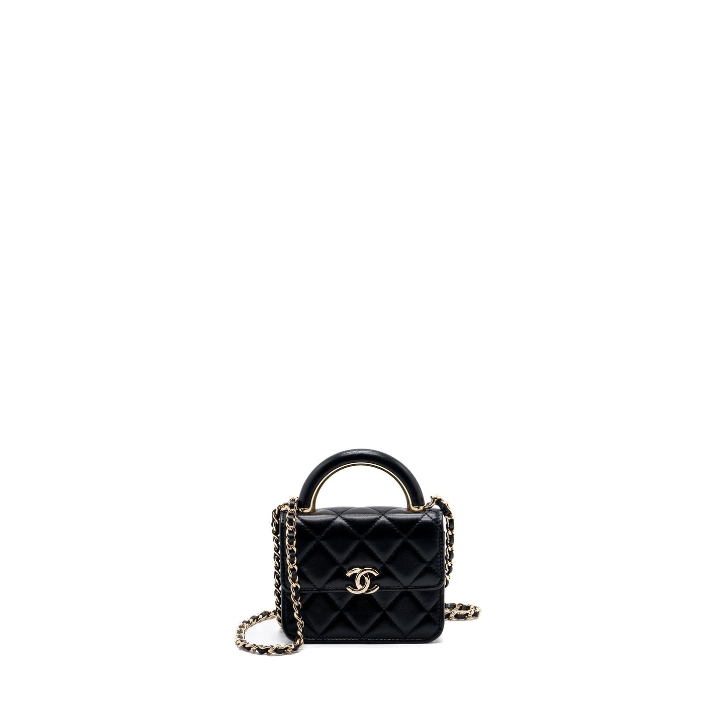 chanel top handle mini flap bag with chain lambskin black LGHW (microchip)