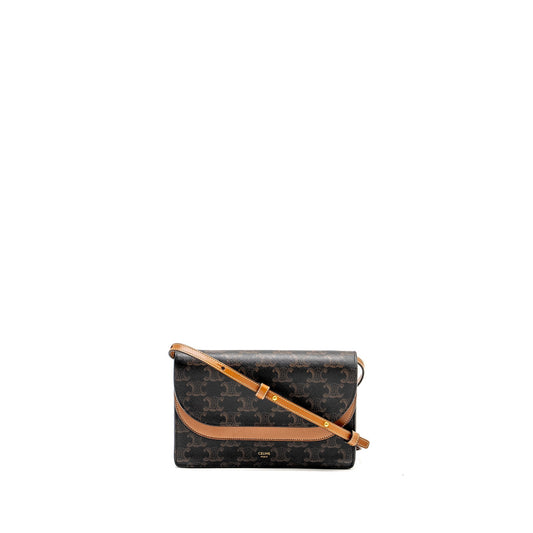 Luxury CELINE Wallet On Strap Triomphe Canvas /Smooth Lambskin Tan