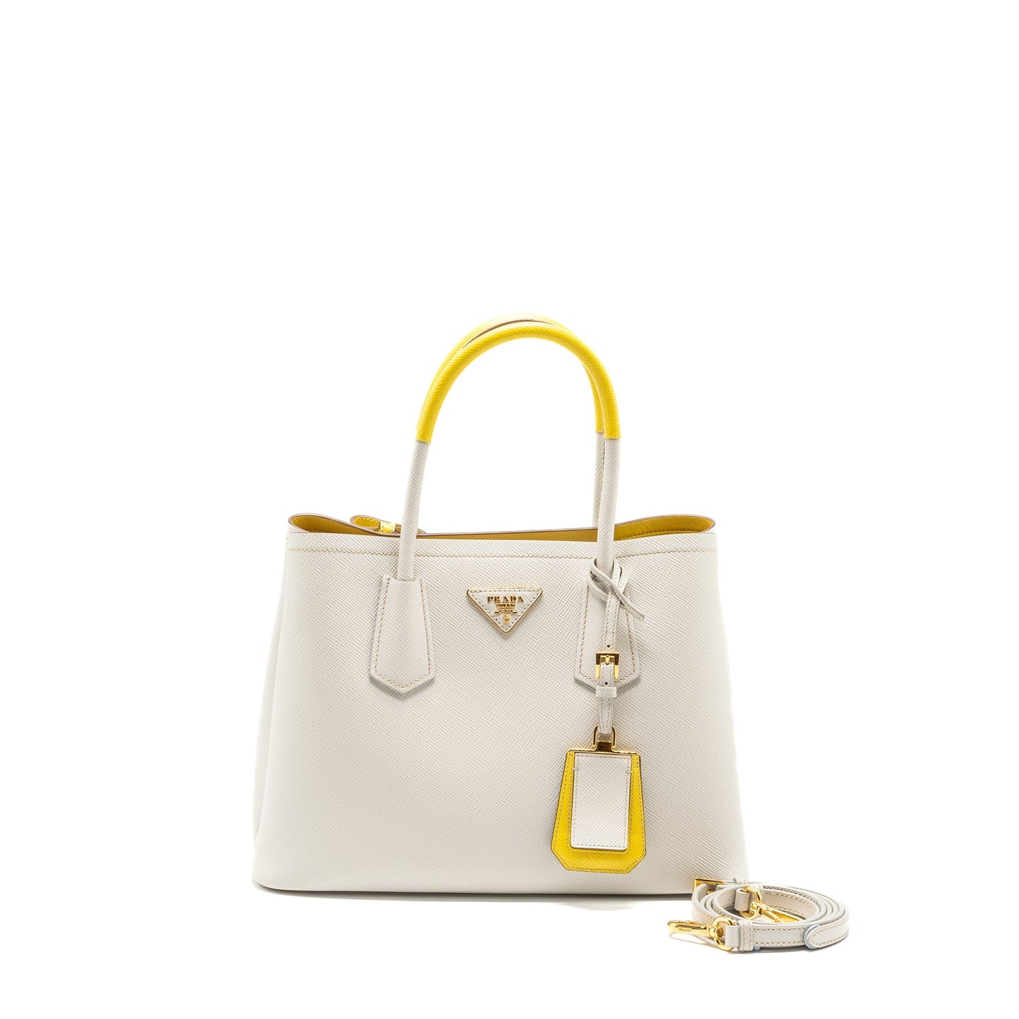 Prada Small Saffiano Cuir Tote Purse Calfskin White/Yellow