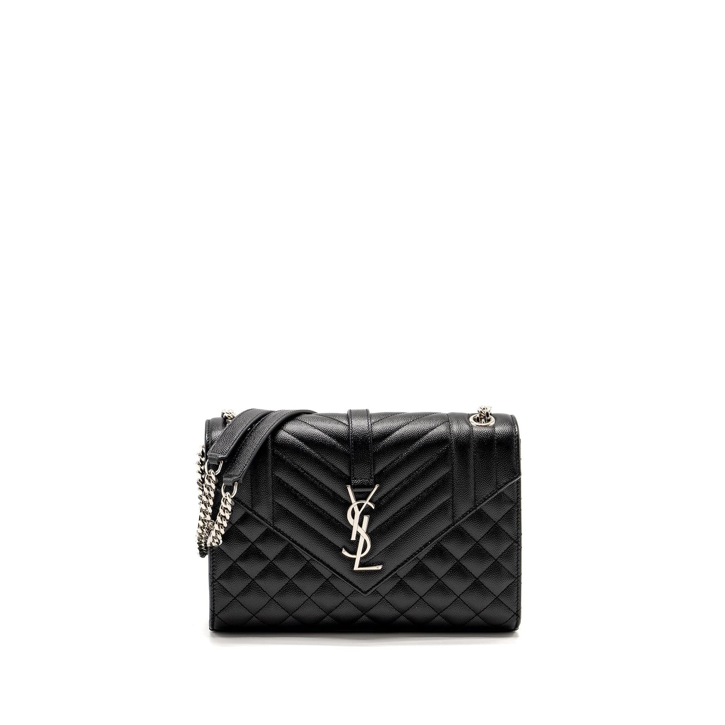 Saint Laurent/ Medium Envelope Chain Purse Grained Calfskin Mix Matelasse Black
