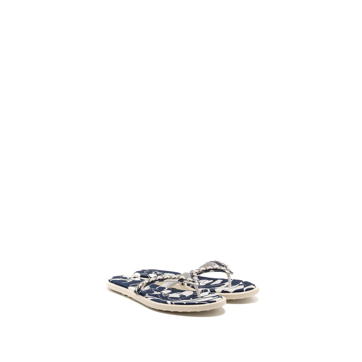Chanel Size 40 Mules Cotton/Lambskin Navy Blue/Ecru SHW