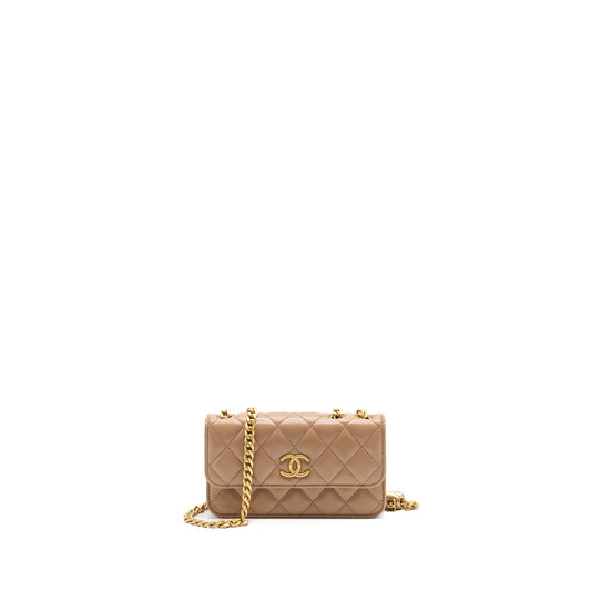 Chanel 22K gold pillar mini flap bag lambskin dark beige GHW (Microchip)
