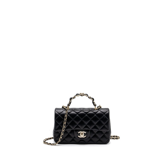 Chanel 23K Leather Chain Top Handle Mini Rectangular Flap Bag Lambskin Black LGHW (microchip)