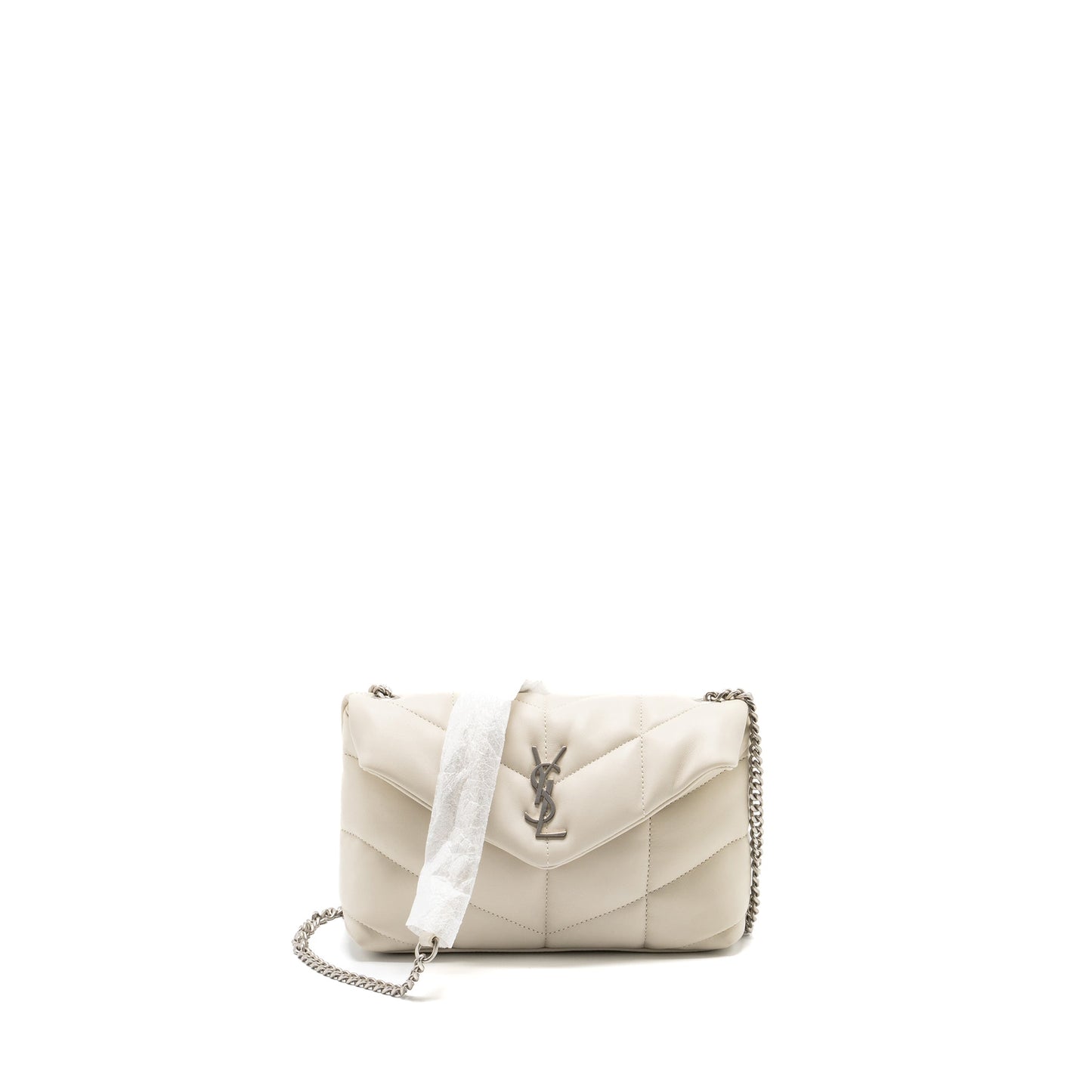 Saint Laurent Small Loulou Puffer Mini Purse Lambskin Blanc   Ruthenium Hardware