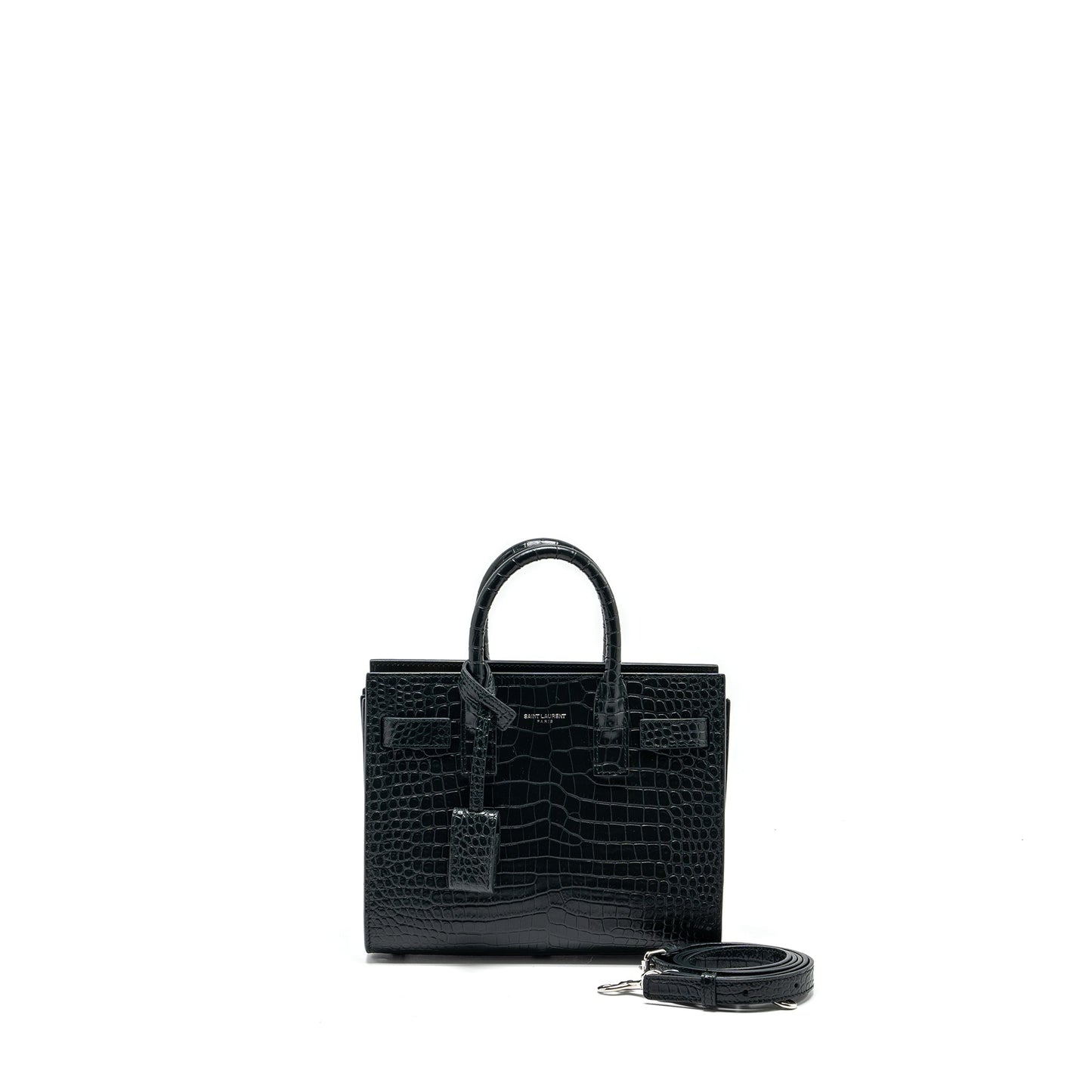 Saint Laurent/ Sac de Jour Nano Crocodile-Embossed Calfskin Dark Green