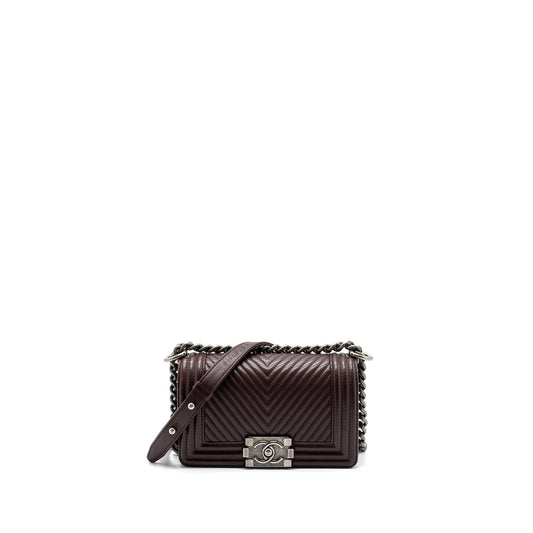 Chanel Chevron Small Boy Bag Lambskin BURGUNDY RUTHENIUM HARDWARE