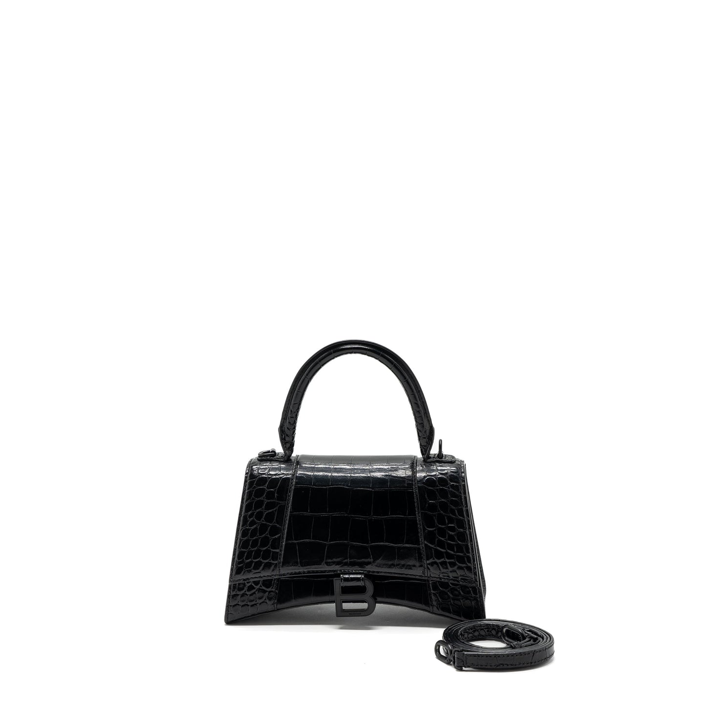 Balenciaga Hourglass S Crocodile-Embossed Calfskin So Black