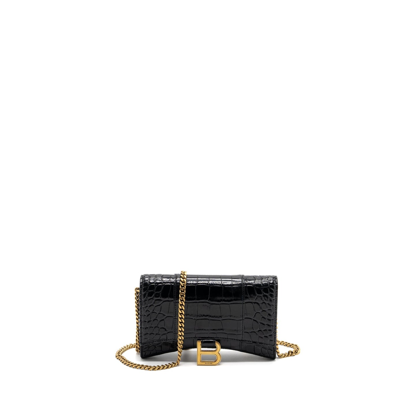 Balenciaga Hourglass Wallet On Chain Crocodile-Embossed Calfskin Black