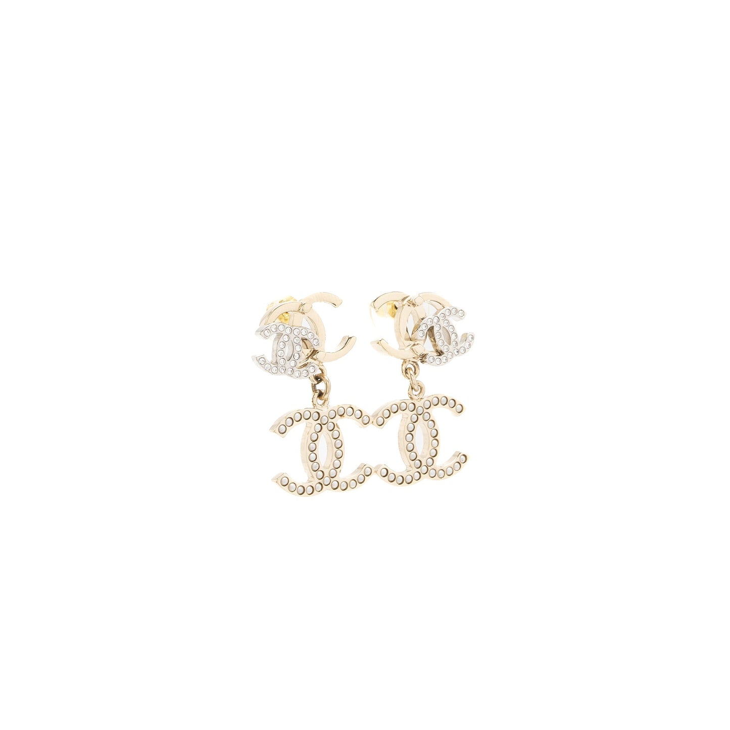 Chanel Double CC with CC Drop Earrings Crystal Light Gold Tone