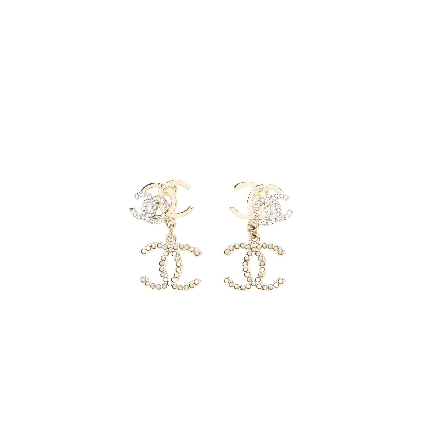 Chanel Double CC with CC Drop Earrings Crystal Light Gold Tone