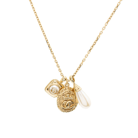 Chanel 21A Metal Plate Crystal Necklace Brushed Gold Tone