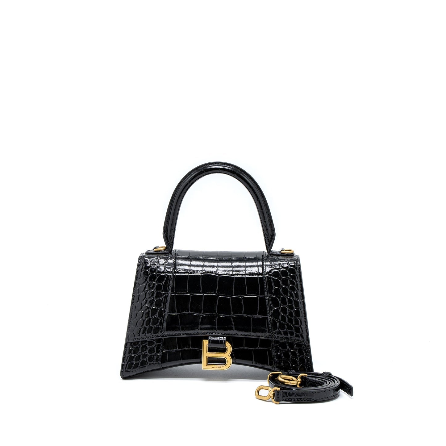 Balenciaga Hourglass Small Handbag Crocodile-Embossed Calfskin Black