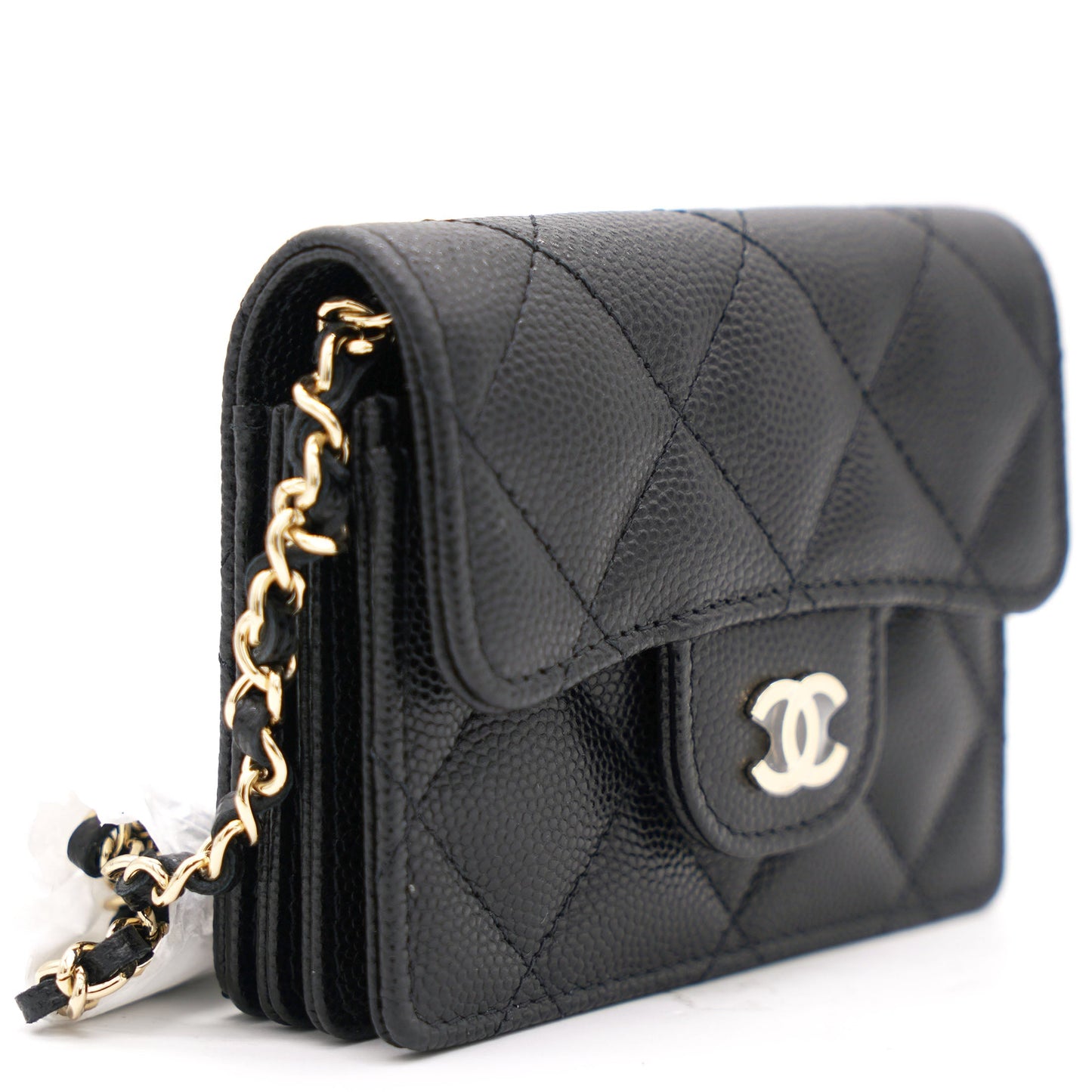 Chanel Black Caviar Leather Flap Card Holder with Chain