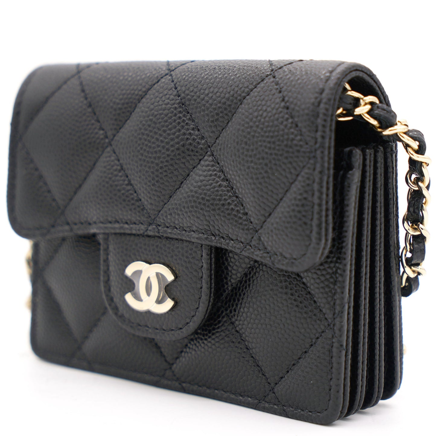 Chanel Black Caviar Leather Flap Card Holder with Chain