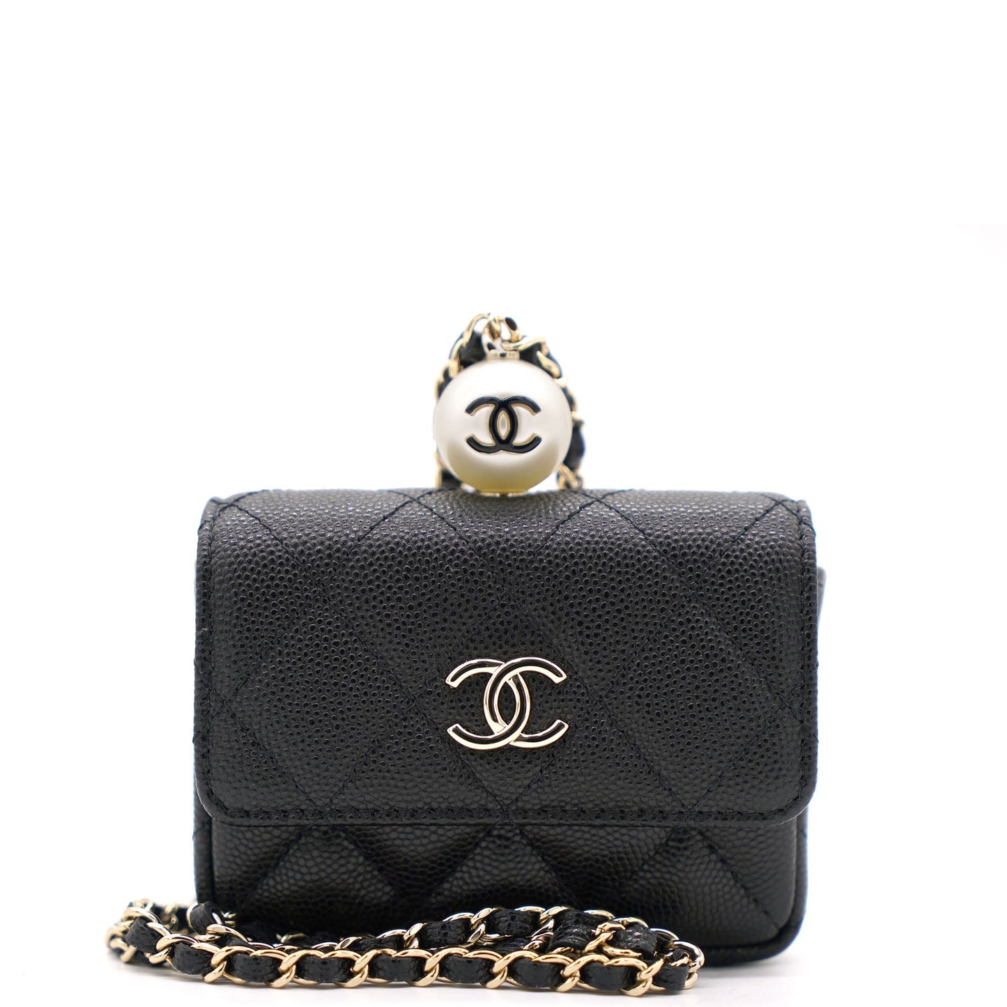 Chanel Black Caviar Leather Pearl Flap Card Holder with Short Chain