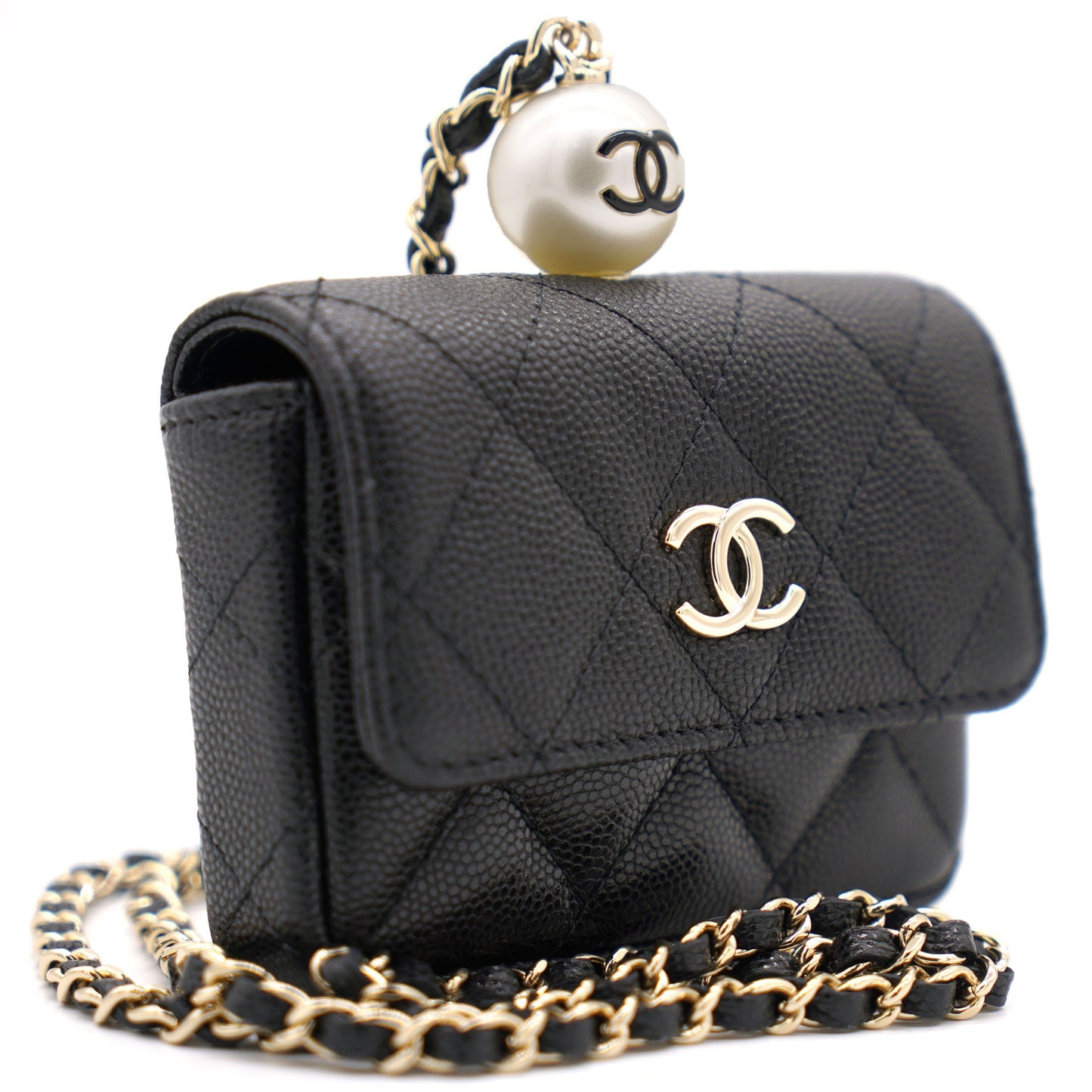 Chanel Black Caviar Leather Pearl Flap Card Holder with Short Chain