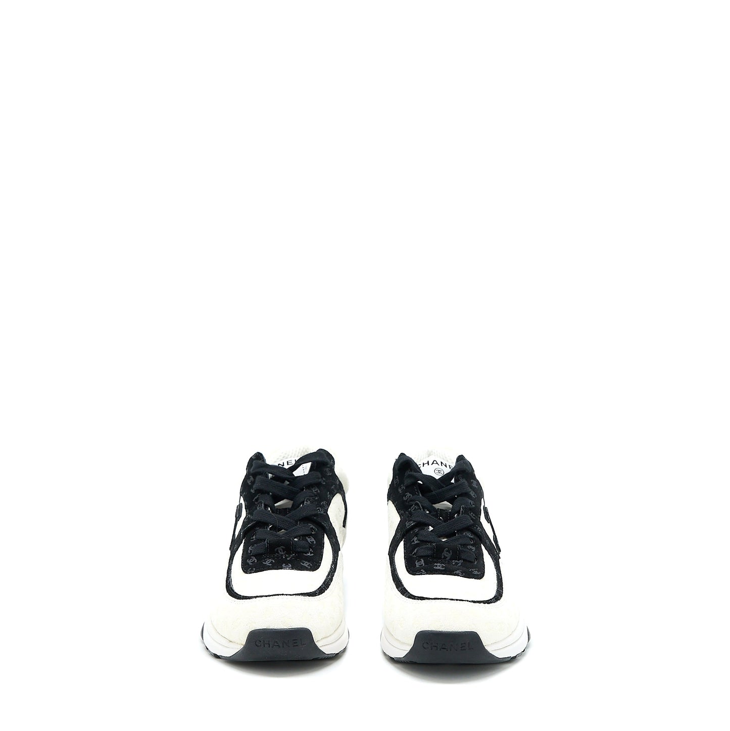 Chanel Size 38.5 22A Trainers Printed Suede Calfskin Black/White