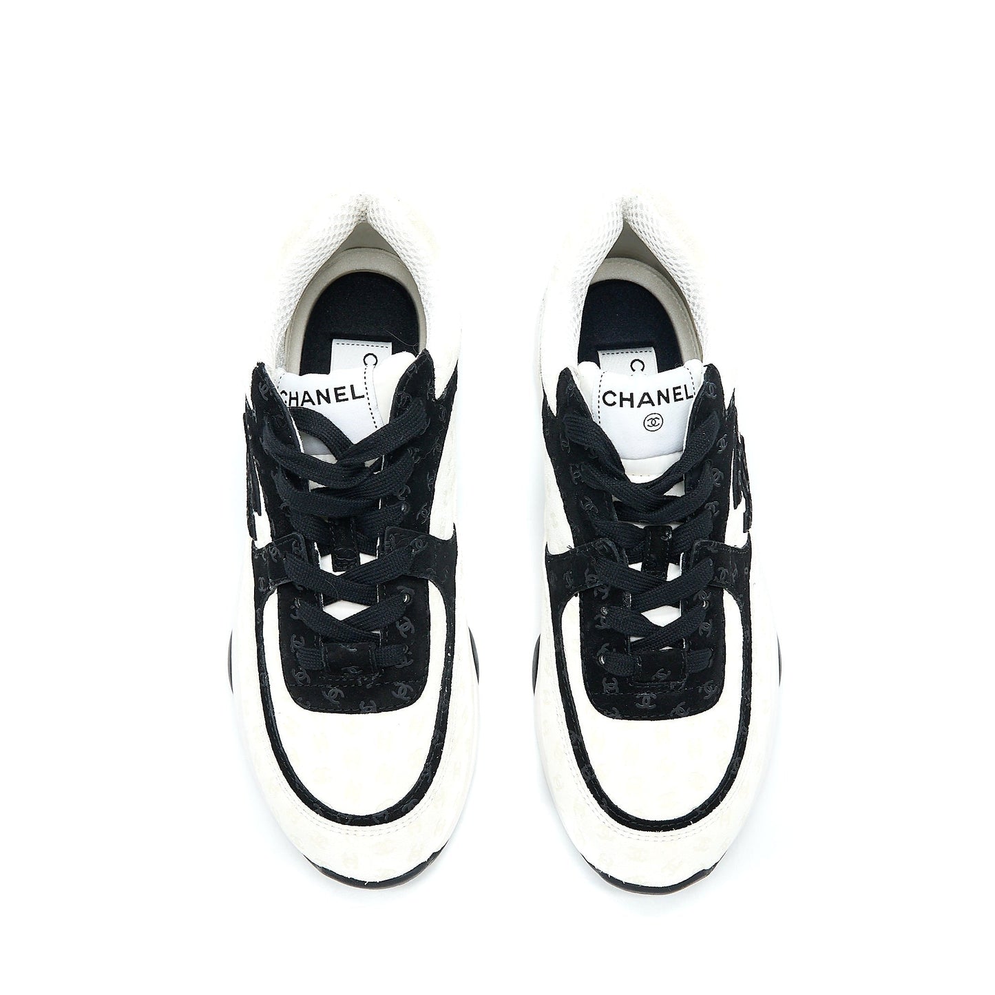Chanel Size 38.5 22A Trainers Printed Suede Calfskin Black/White