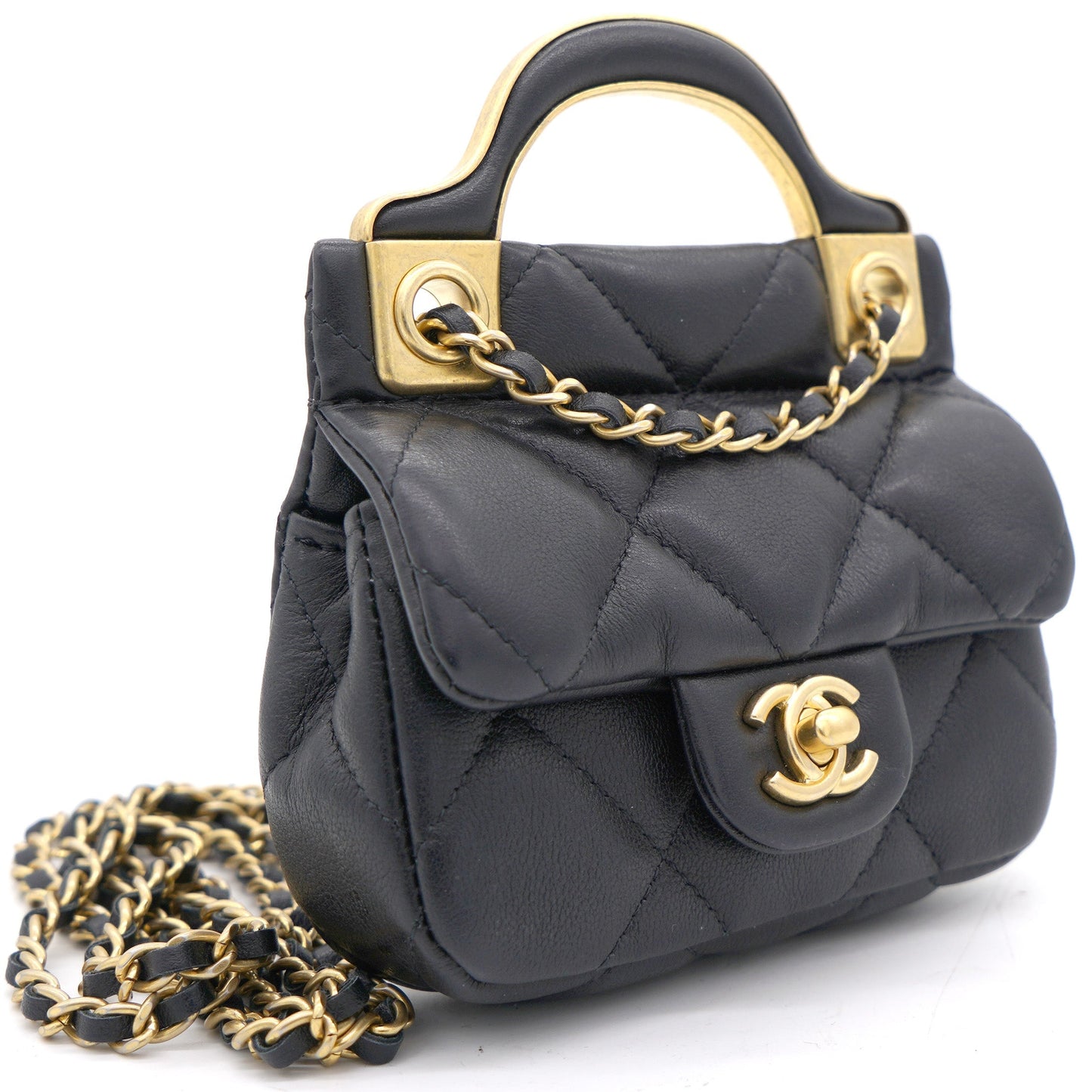 Chanel Black Lambskin Leather Flap with Handle Card Holder