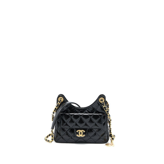 Chanel 23C Small Hobo Bag Shiny Calfskin Black Brushed GHW (Microchip)