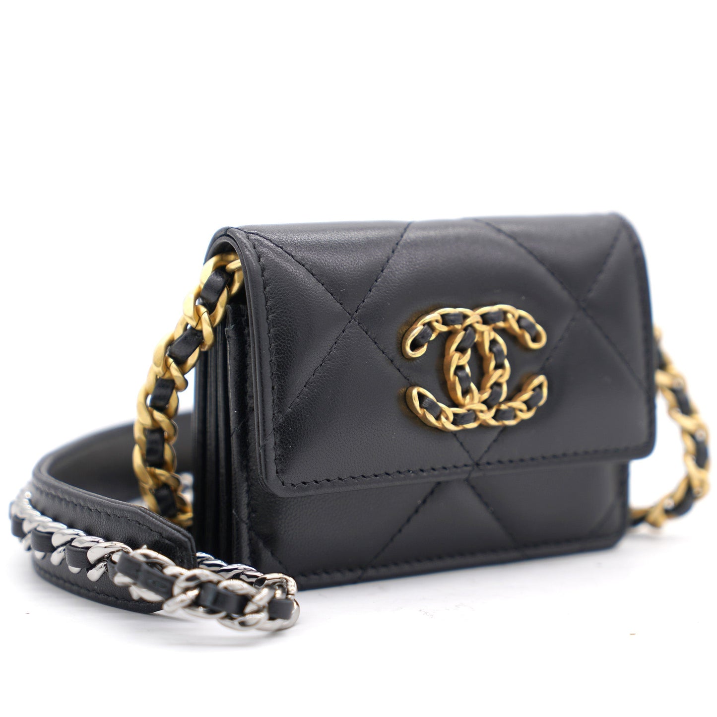 Chanel Black Quilted Lambskin Leather 19 Card Holder with Chain