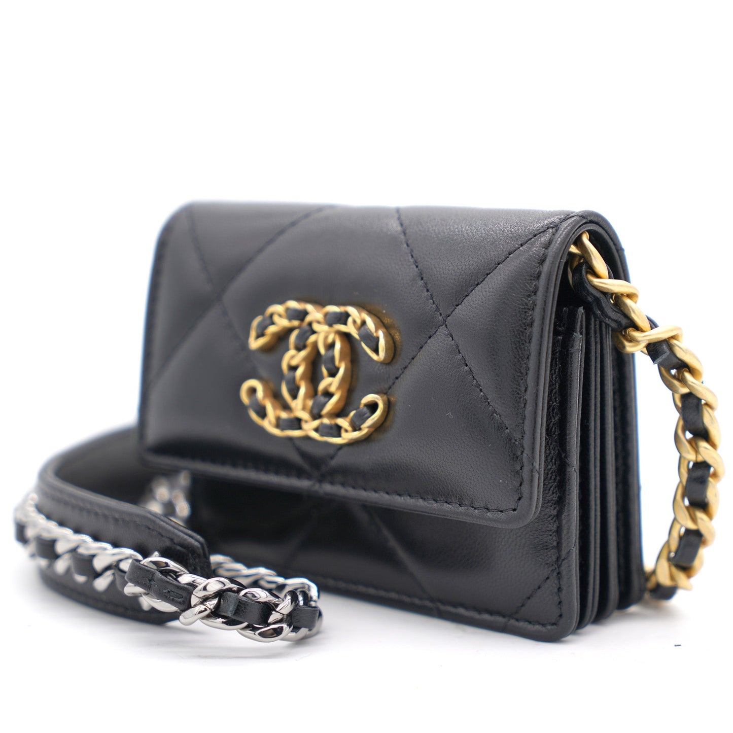 Chanel Black Quilted Lambskin Leather 19 Card Holder with Chain