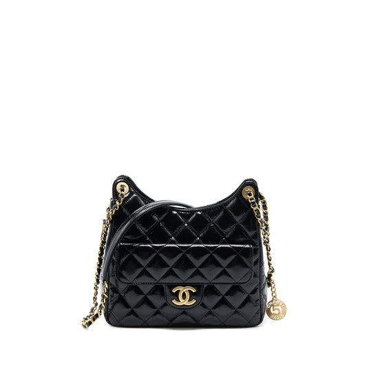 Chanel 23C Hobo Bag Shiny Calfskin Black Brushed GHW(Microchip)