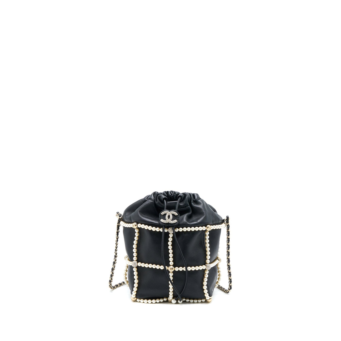 Chanel Bucket Crystal CC Logo Pearl Chain Bag Lambskin Black SHW