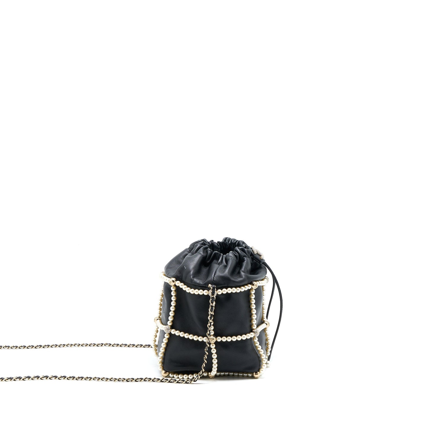 Chanel Bucket Crystal CC Logo Pearl Chain Bag Lambskin Black SHW