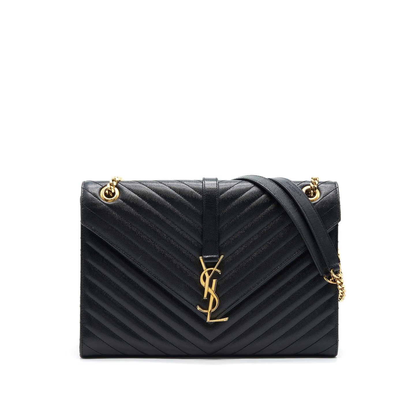 Saint Laurent / Large Envelope Chain Flap Purse in Black Grain de Poudre
