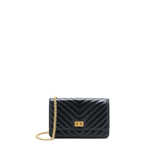 Chanel 2.55 Reissue Wallet On Chain Chevron Aged Calfskin Black Brushed GHW (Microchip)