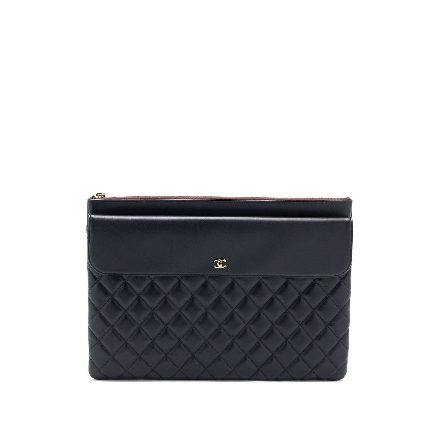 Chanel Quilted Zip and Flap Pouch/Clutch Large Model Lambskin Black LGHW