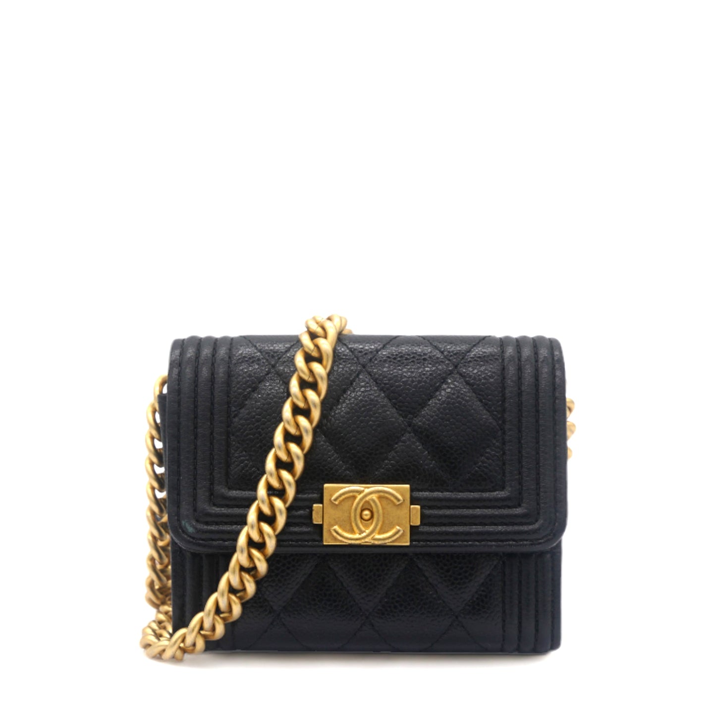 Chanel Black Caviar Leather Boy Card Holder with Chain