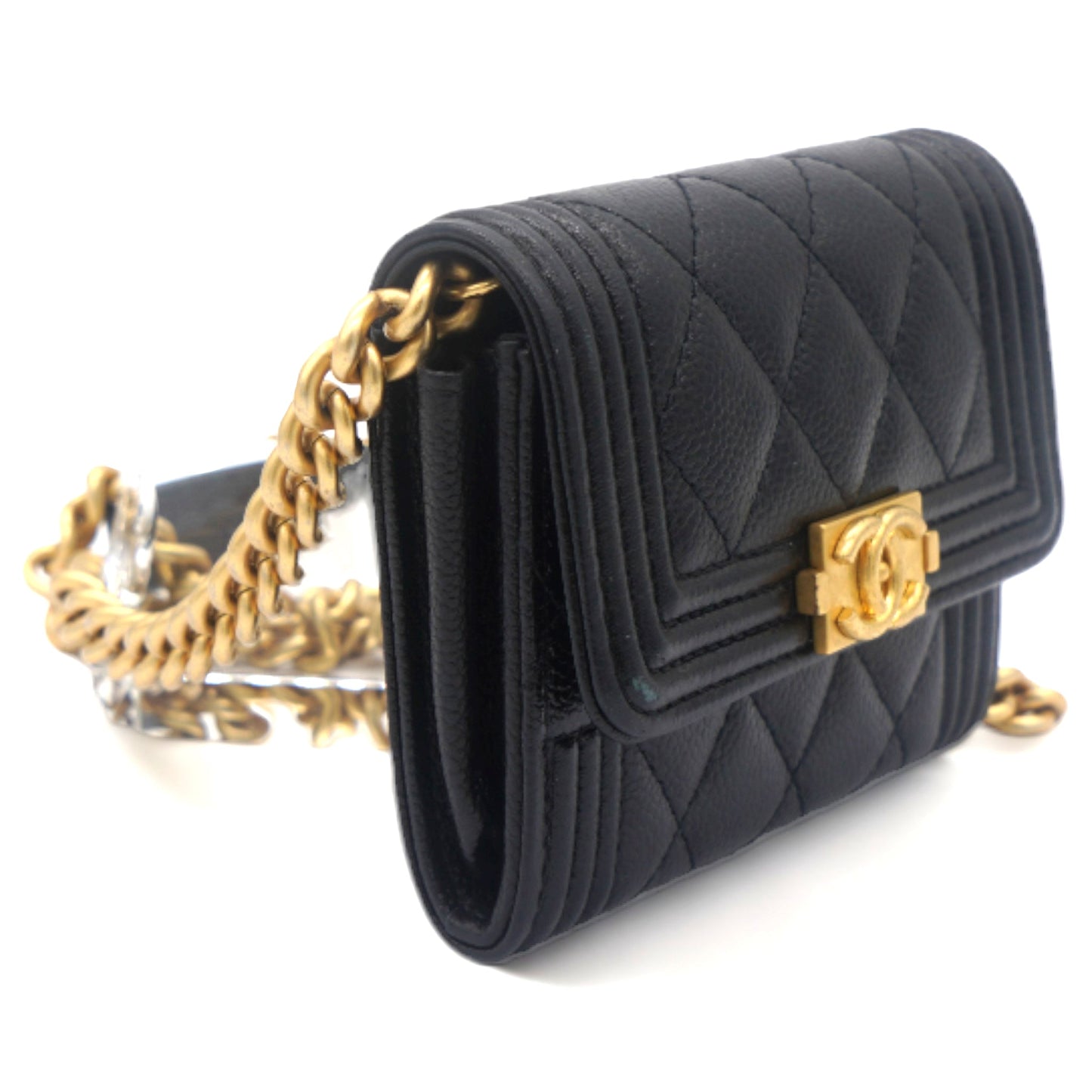 Chanel Black Caviar Leather Boy Card Holder with Chain