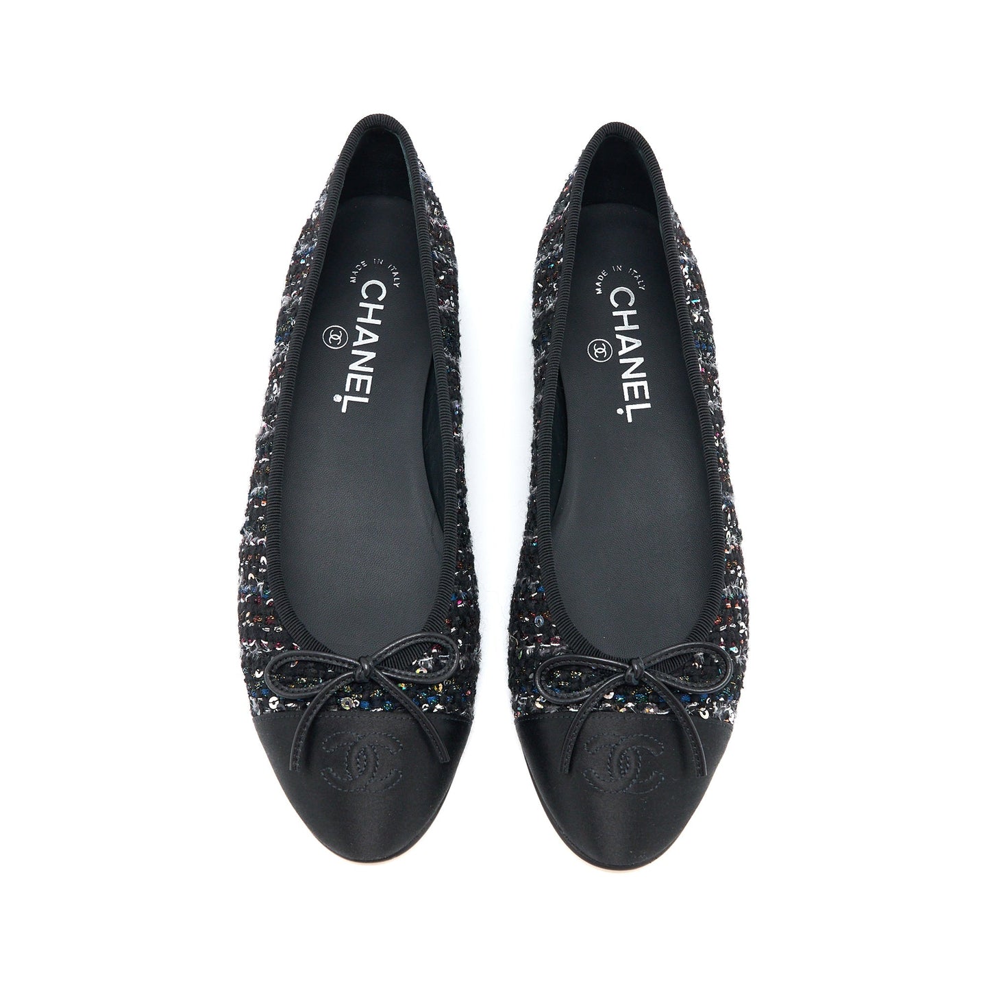 Chanel Size 39 Ballerina Flat Shoes Tweed/Satin Black/Multicolour