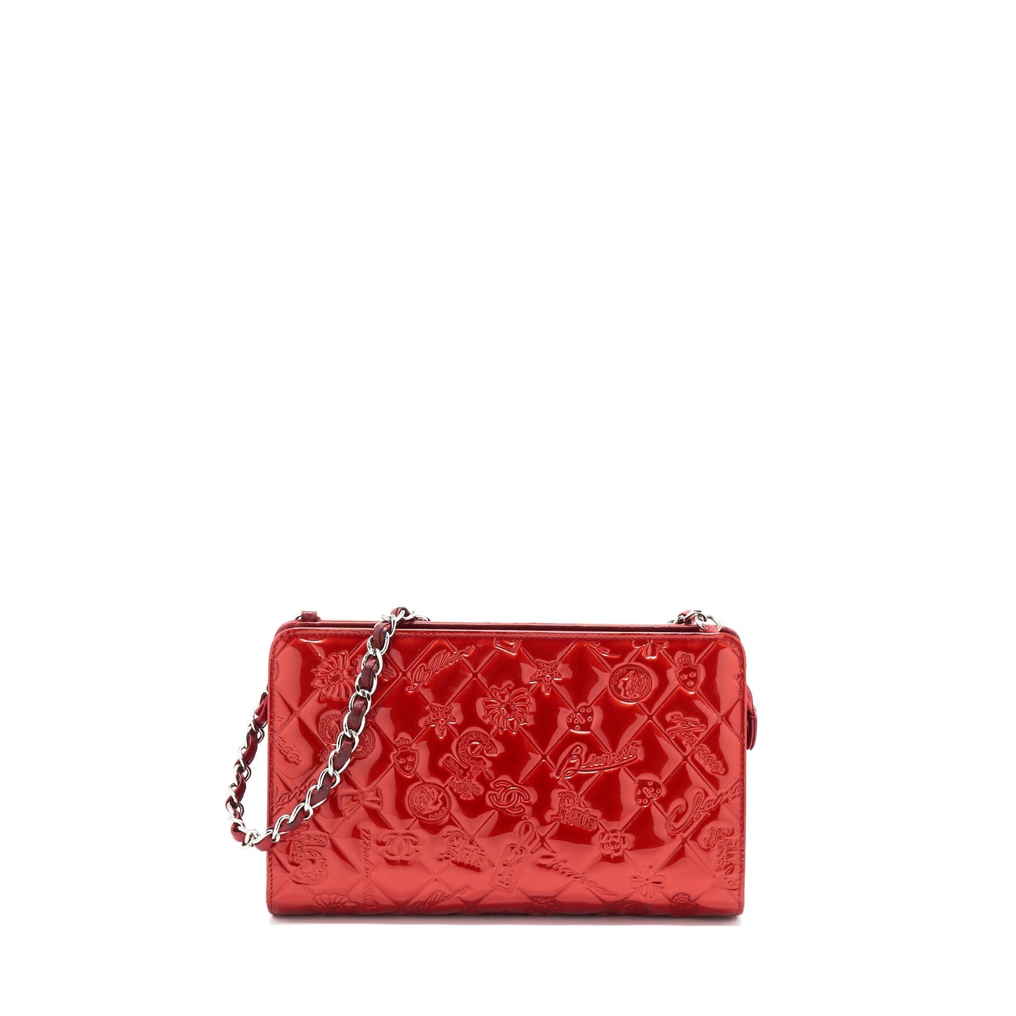 Chanel   Leather Charm Printed Chain Shoulder Bag Red SHW