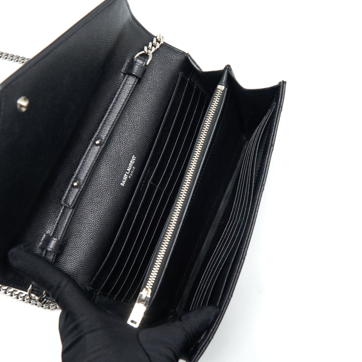 Saint Laurent/ Chain Wallet Crossbody Purse Grain Calfskin Black