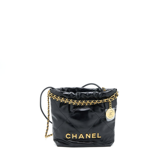 Chanel 23s Mini 22 Bag Shiny Calfskin Black Brushed GHW(Microchip)