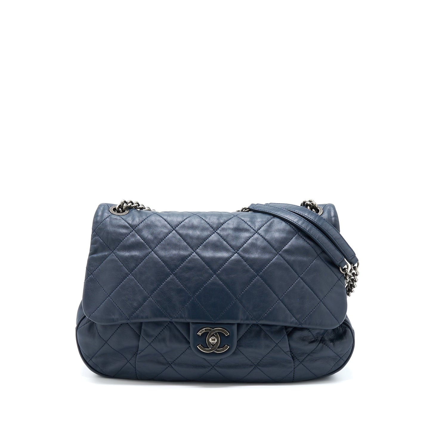 Chanel Flap Hobo Bag Calfskin Navy With Ruthenium Sliver Hardware